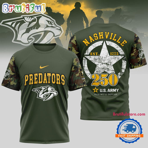 Nashville Predators NHL 250 Years US Army Limited 3D Shirt