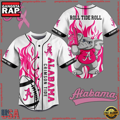 NCAA Custom Name Alabama Crimson Tide Breast Cancer Awareness White New Design Baseball Jersey