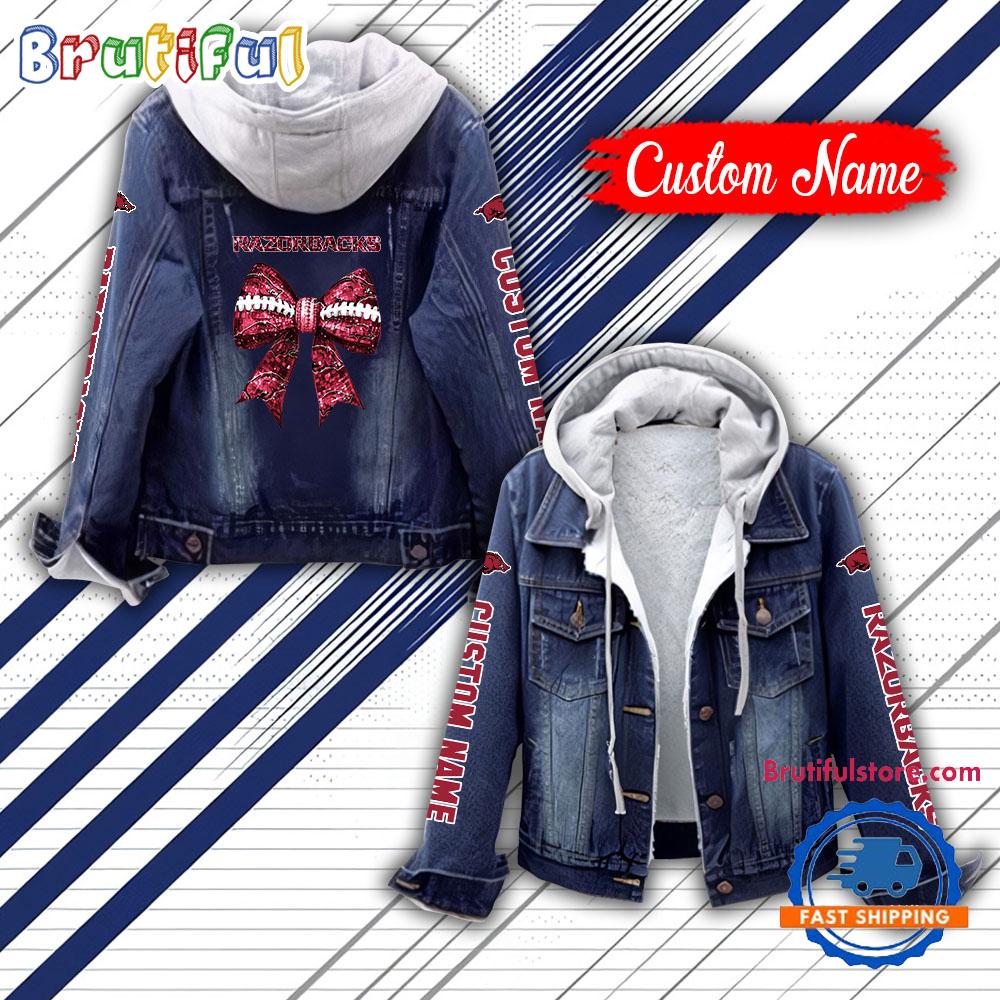 NCAA Arkansas Razorbacks Team Logo Sport Design Hooded Denim Jacket