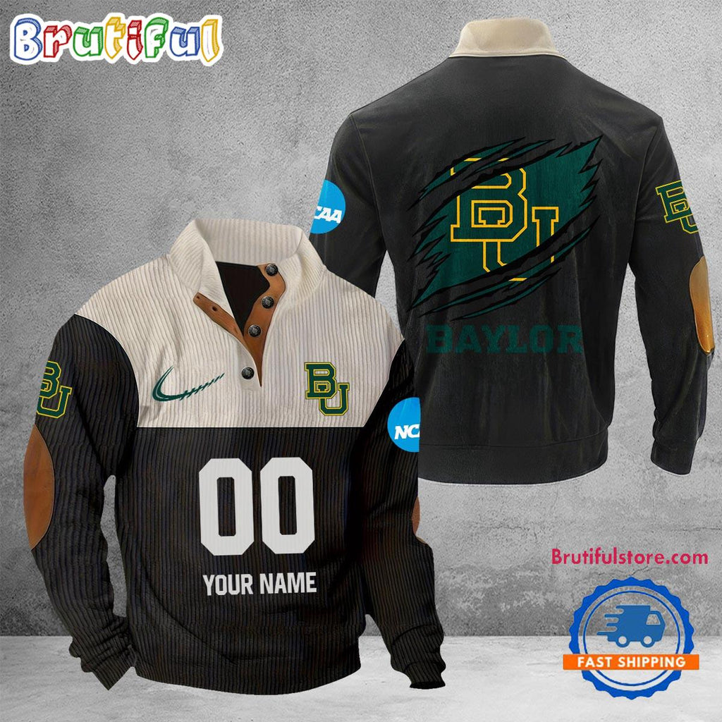 NCAA Baylor Bears Sport Team Custom Name And Number Buttoned Collar Sweatshirt