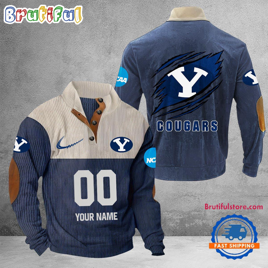 NCAA BYU Cougars Sport Team Custom Name And Number Buttoned Collar Sweatshirt