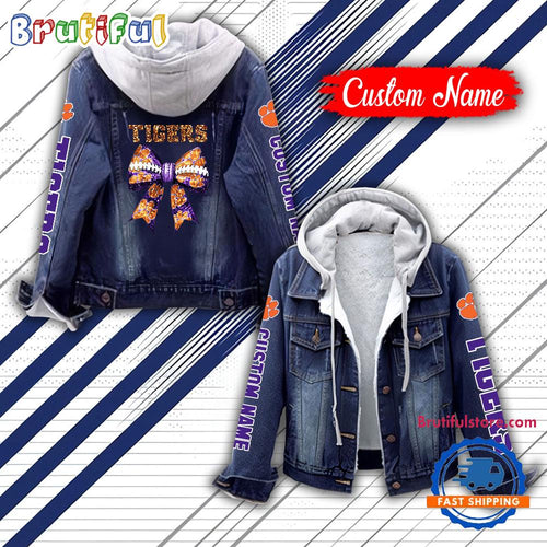 NCAA Clemson Tigers Team Logo Sport Design Hooded Denim Jacket