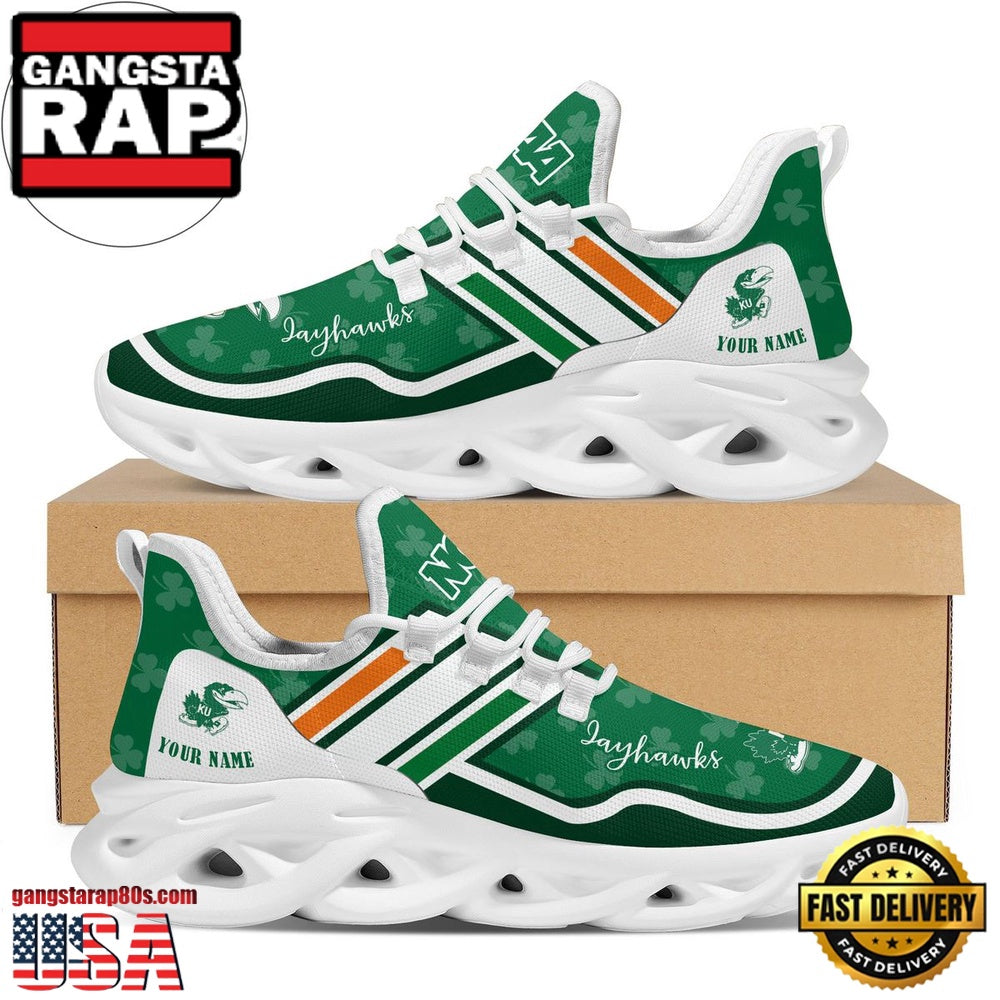 NCAA Custom Name Kansas Jayhawks Logo Saint Patrick’S Day Unique Design Max Soul Shoes Running Sneakers
