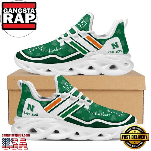 NCAA Custom Name Nebraska Cornhuskers Logo Saint Patrick’S Day Unique Design Max Soul Shoes Running Sneakers