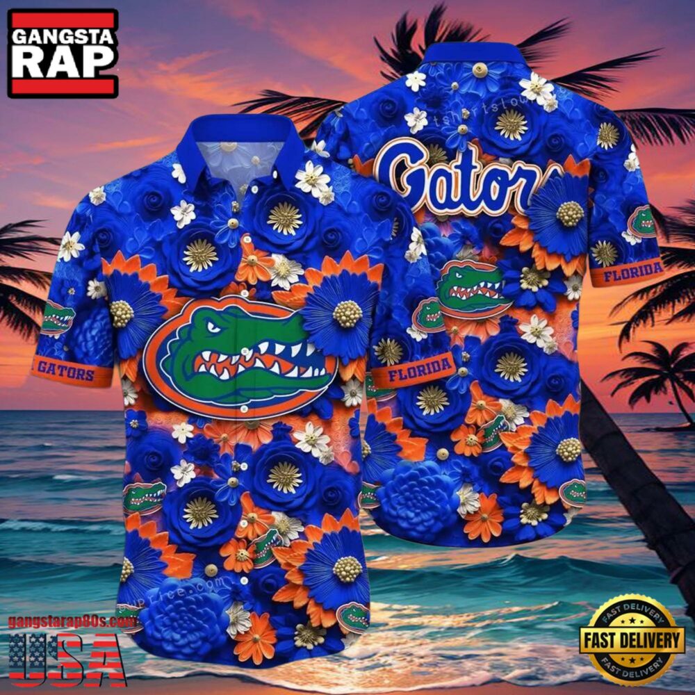 NCAA Florida Gators Flower Button Up Hawaiian Shirt 3D Shirt, Florida Gators Football Gifts For Dad