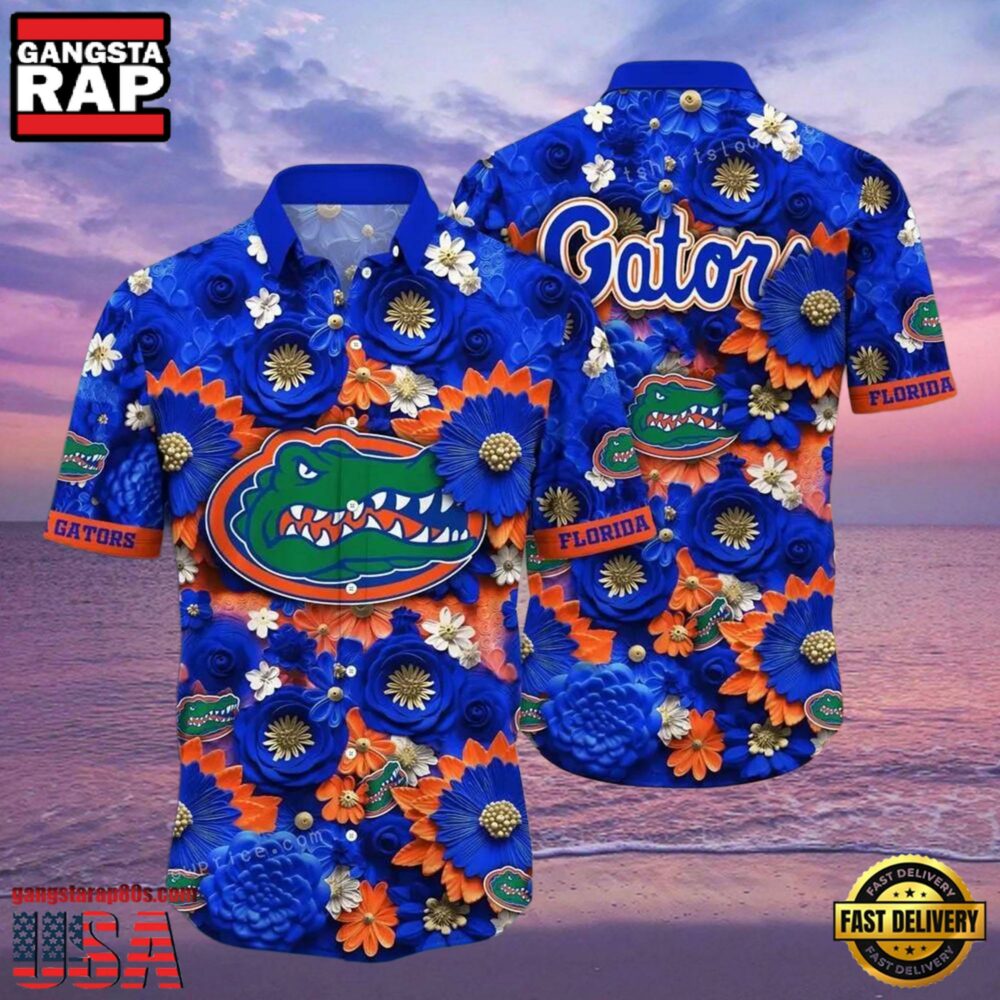 NCAA Florida Gators Flower Button Up Hawaiian Shirt 3D Shirt, Florida Gators Football Gifts For Dad