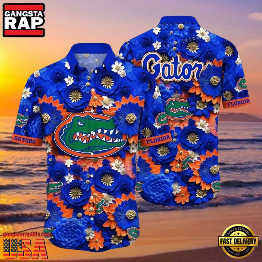 NCAA Florida Gators Flower Button Up Hawaiian Shirt 3D Shirt, Florida Gators Football Gifts For Dad