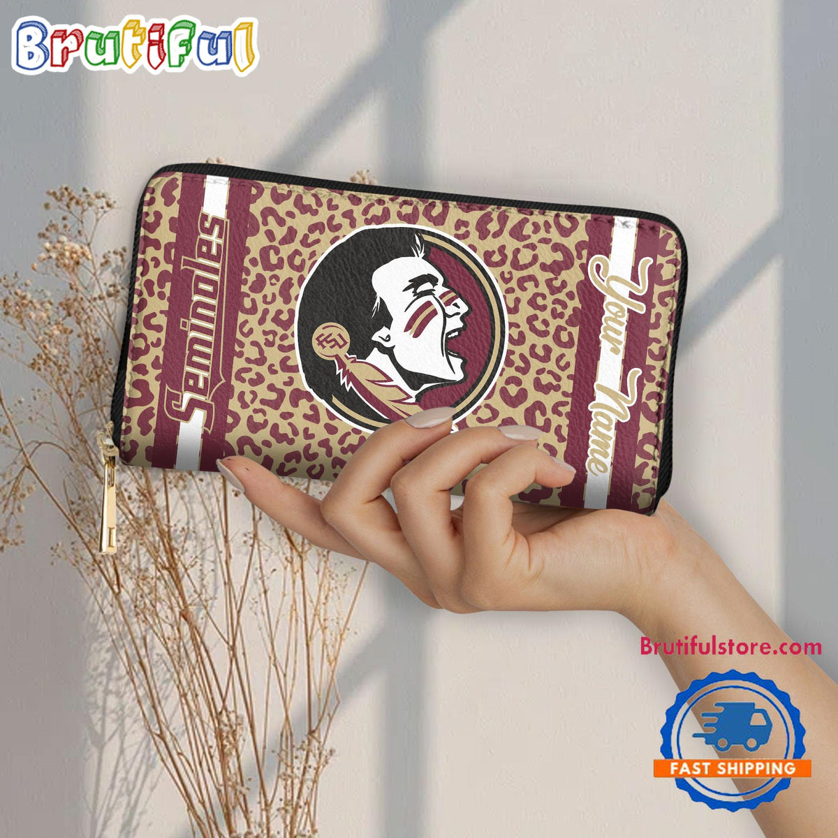 NCAA Florida State Seminoles Leopard Women’s Zip Around Wallet, Sporty Women’s Wallet