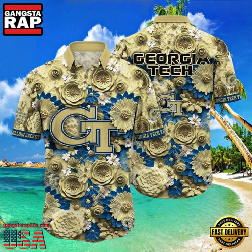 NCAA Georgia Tech Yellow Jackets Flower Button Up Hawaiian Shirt 3D Shirt, Georgia Tech Yellow Jackets Football Fathers Day Gifts