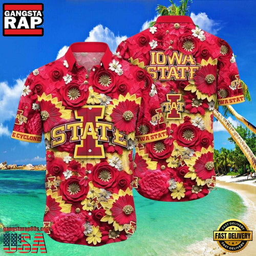 NCAA Iowa State Cyclones Flower Button Up Hawaiian Shirt 3D Shirt, Iowa State Cyclones Christmas Gifts