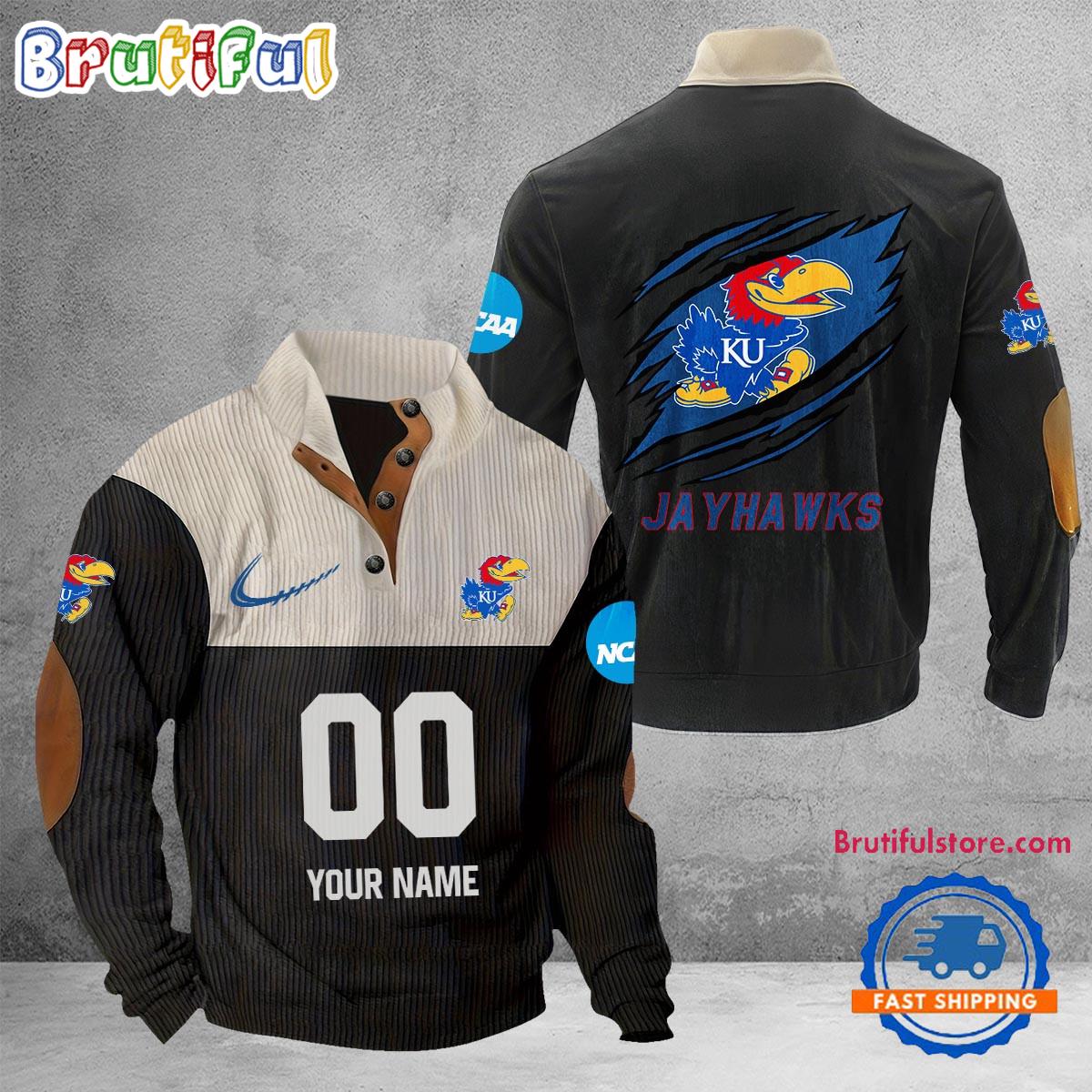 NCAA Kansas Jayhawks Sport Team Custom Name And Number Buttoned Collar Sweatshirt