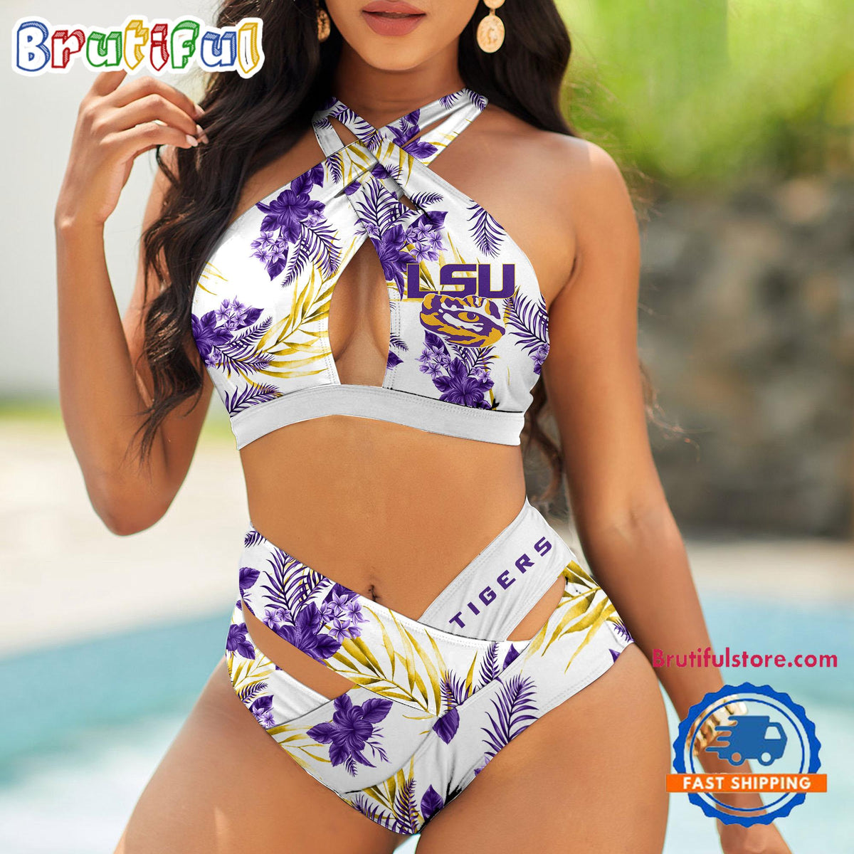 NCAA LSU Tigers Hawaiian Pattern Deisgn Women’s Bikini Set, Women’s Sporty Summer Bikini Set