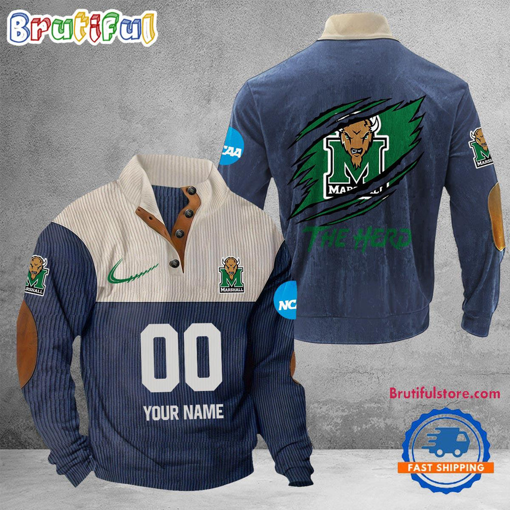 NCAA Marshall Thundering Herd Sport Team Custom Name And Number Buttoned Collar Sweatshirt