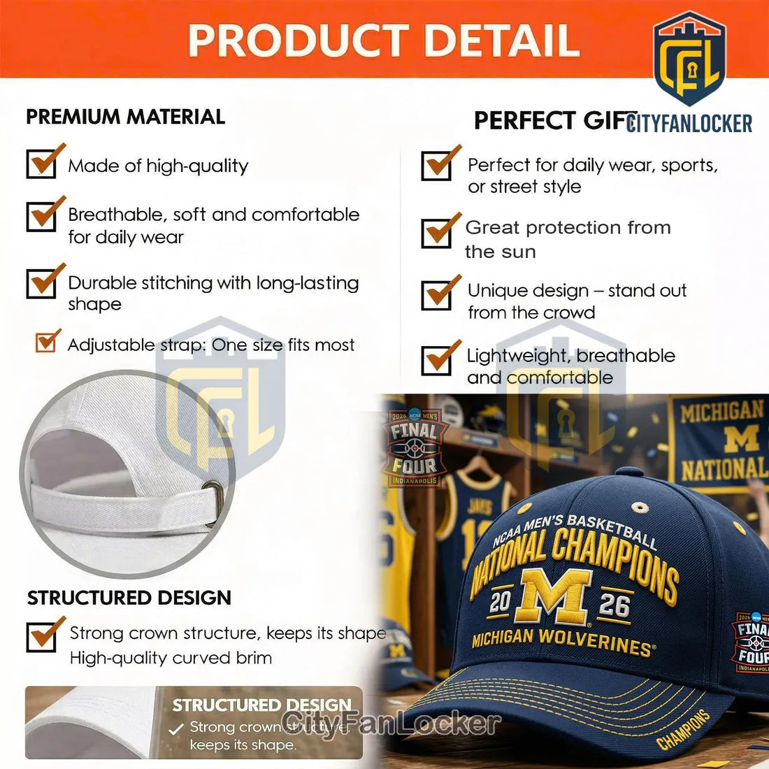 NCAA Men’s Basketball 2026 National Champions Michigan Wolverines Final Four Cap