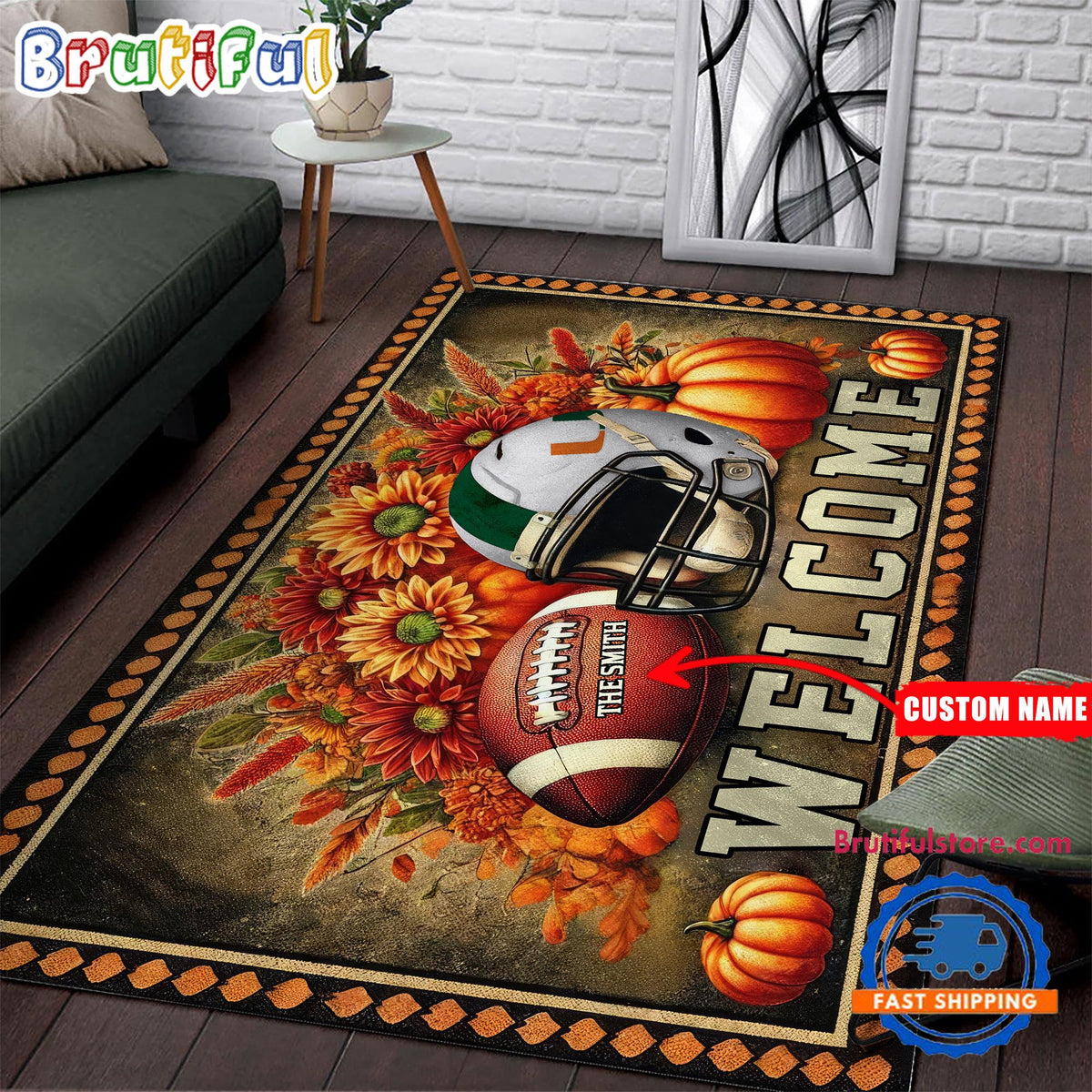 NCAA Miami Hurricanes Pumpkin Flower Football Halloween Rectangle Rug