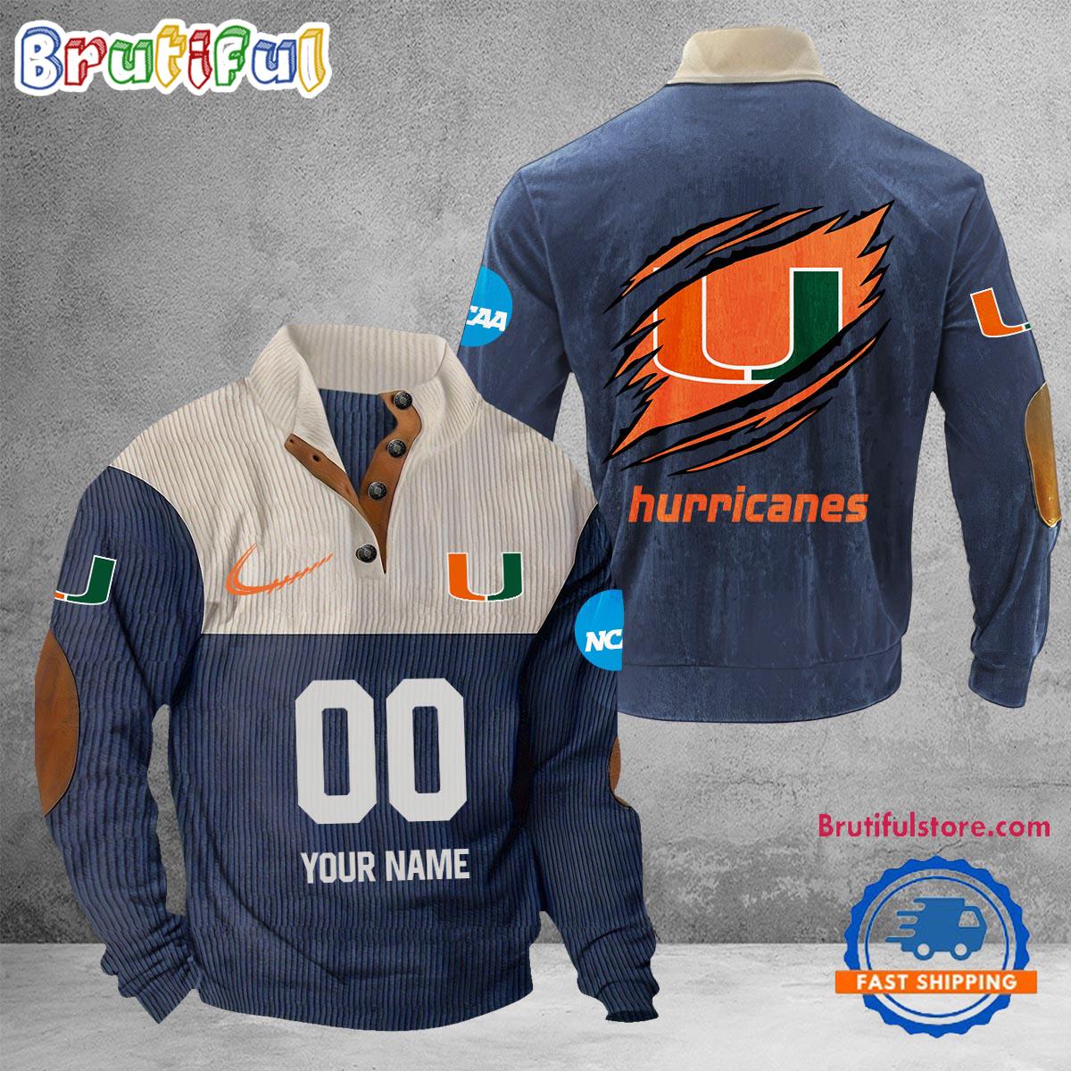 NCAA Miami Hurricanes Sport Team Custom Name And Number Buttoned Collar Sweatshirt