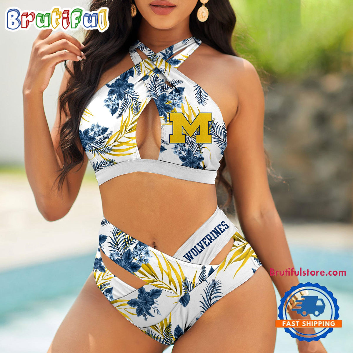 NCAA Michigan Wolverines Hawaiian Pattern Deisgn Women’s Bikini Set, Women’s Sporty Summer Bikini Set