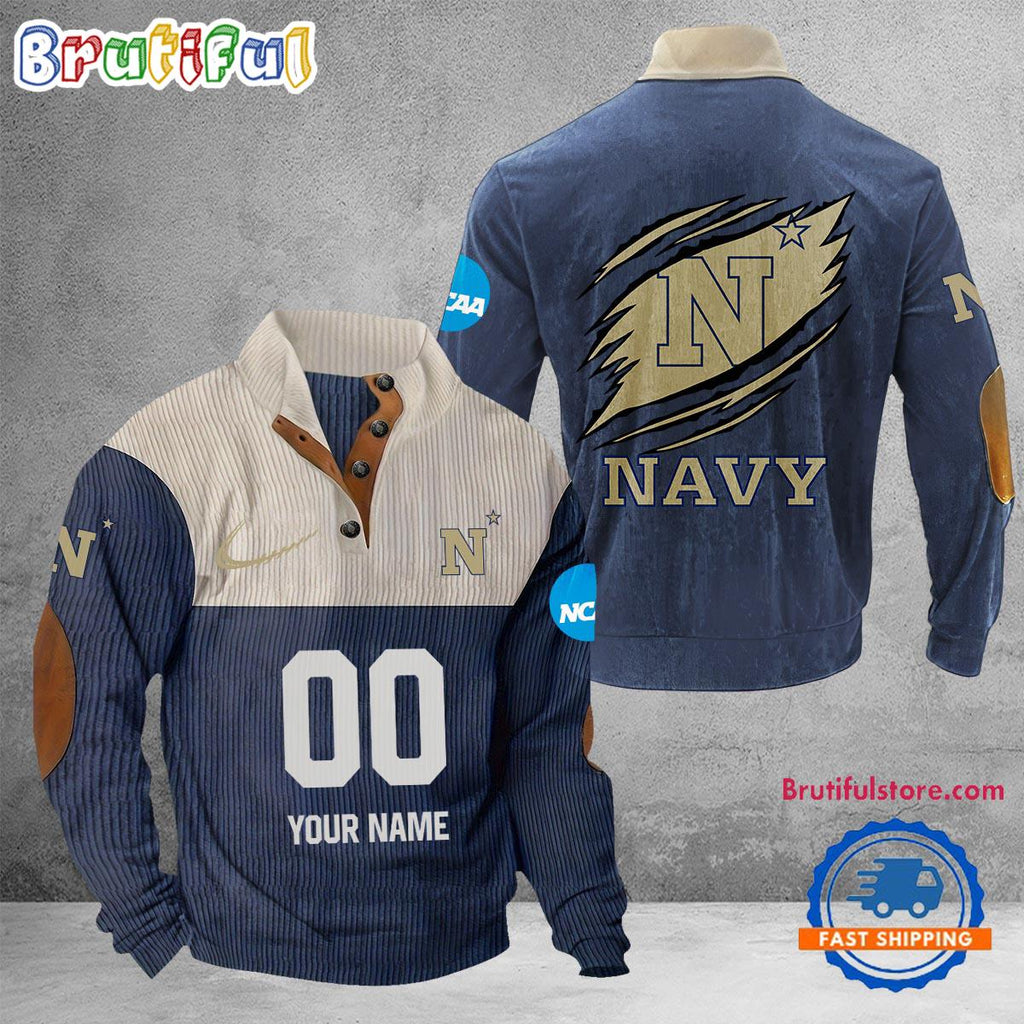 NCAA Navy Midshipmen Sport Team Custom Name And Number Buttoned Collar Sweatshirt