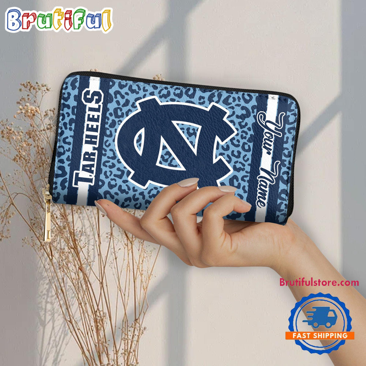 NCAA North Carolina Tar Heels Leopard Women’s Zip Around Wallet, Sporty Women’s Wallet