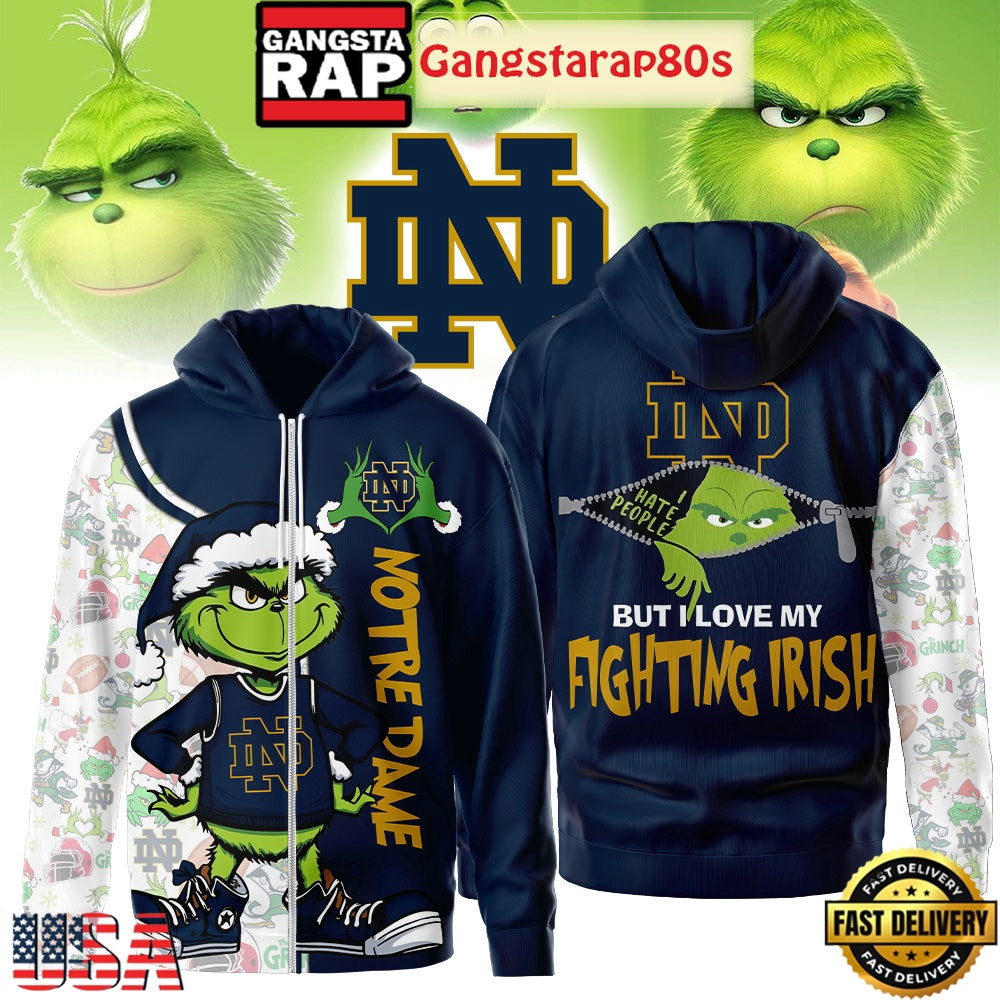NCAA Notre Dame Fighting Irish Funny Grinch Football 2025-2026 Zip Hoodie Shirt