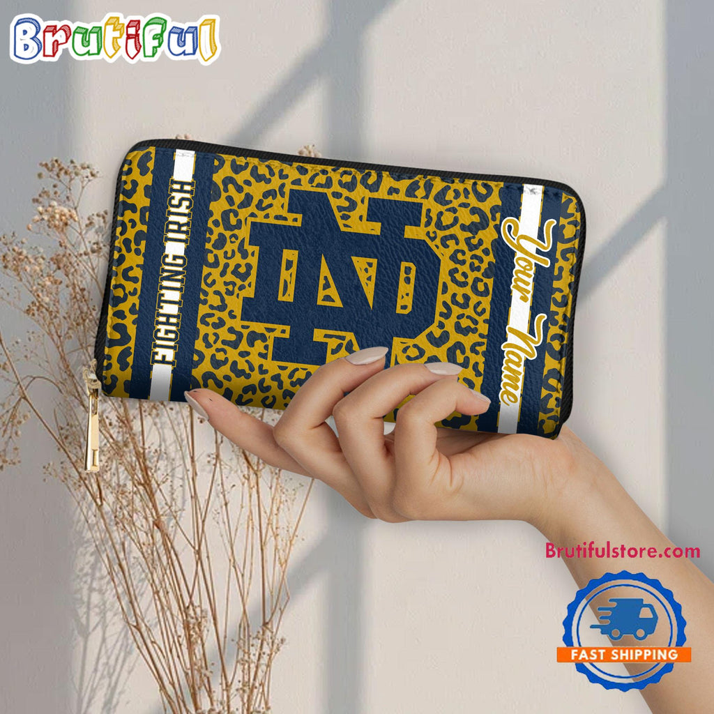 NCAA Notre Dame Fighting Irish Leopard Women’s Zip Around Wallet, Sporty Women’s Wallet