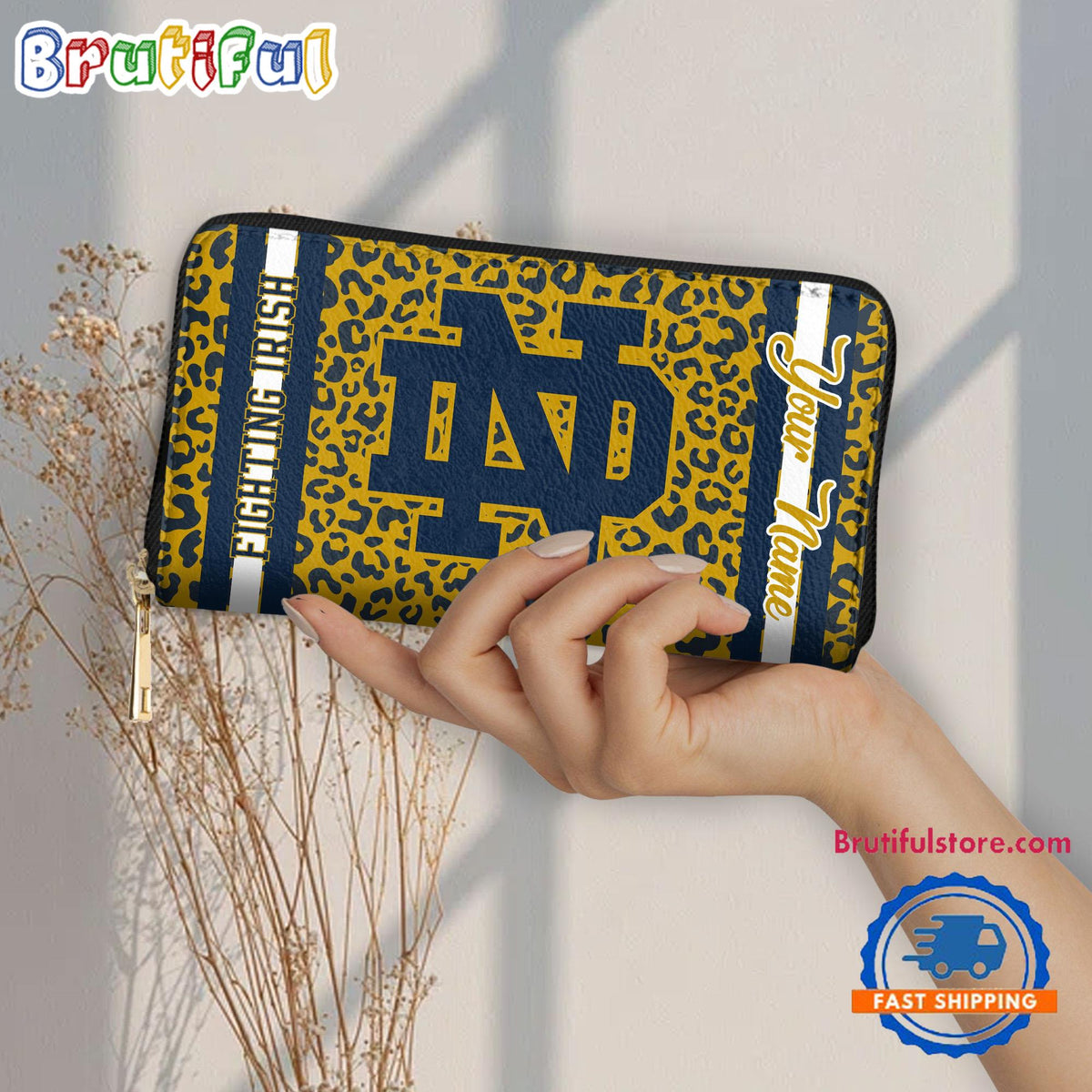 NCAA Notre Dame Fighting Irish Leopard Women’s Zip Around Wallet, Sporty Women’s Wallet