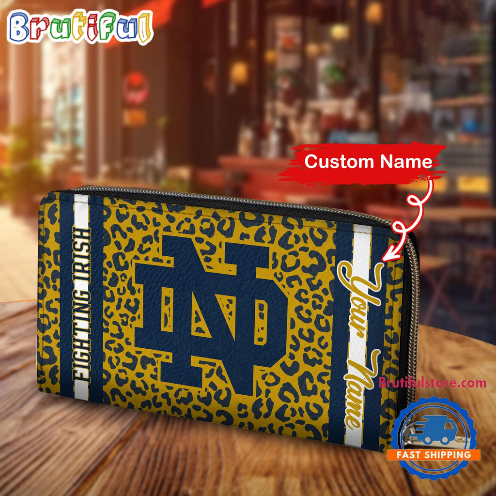 NCAA Notre Dame Fighting Irish Leopard Women’s Zip Around Wallet, Sporty Women’s Wallet