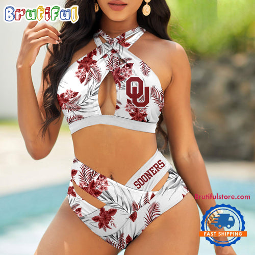 NCAA Oklahoma Sooners Hawaiian Pattern Deisgn Women’s Bikini Set, Women’s Sporty Summer Bikini Set