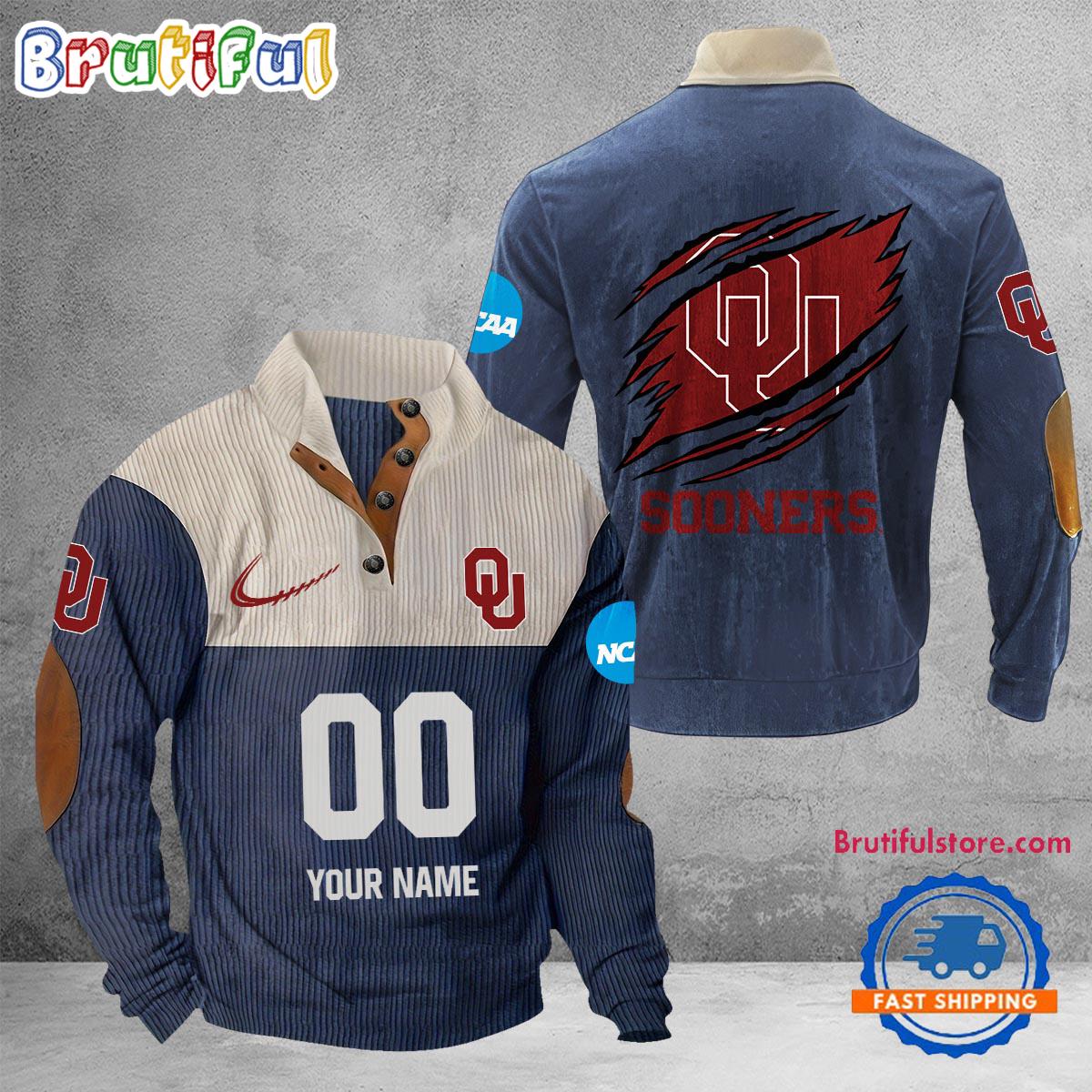 NCAA Oklahoma Sooners Sport Team Custom Name And Number Buttoned Collar Sweatshirt