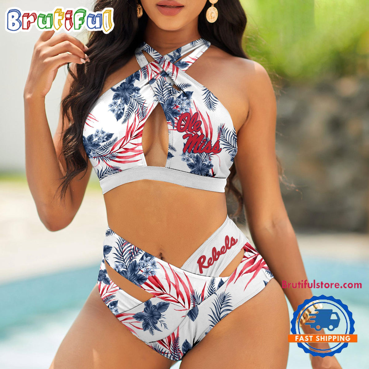 NCAA Ole Miss Rebels Hawaiian Pattern Deisgn Women’s Bikini Set, Women’s Sporty Summer Bikini Set