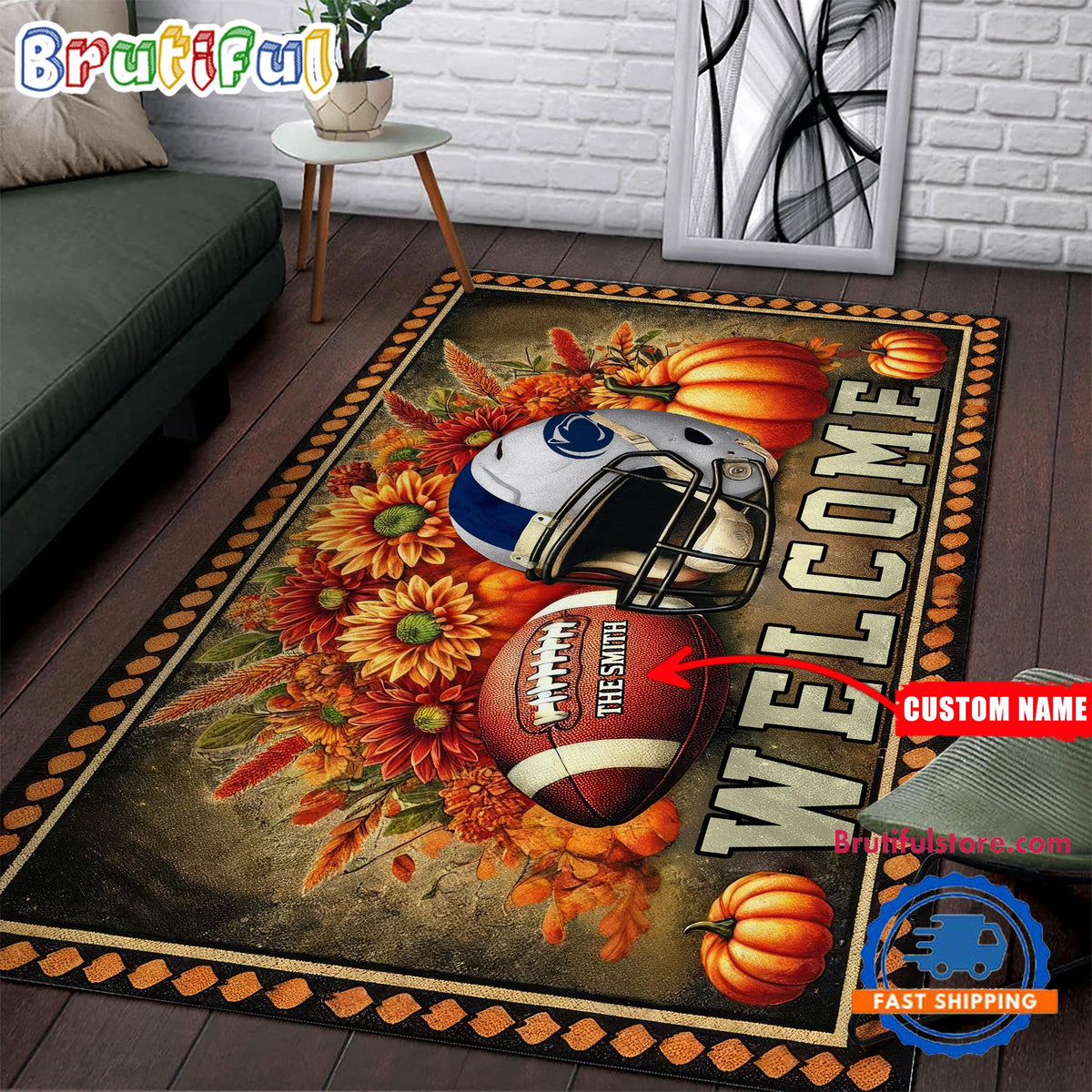 NCAA Penn State Nittany Lions Pumpkin Flower Football Halloween Rectangle Rug