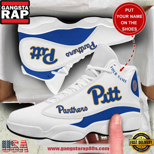 NCAA Pittsburgh Panthers Custom Name White Blue Air Jordan 13 Shoes Running Sneakers