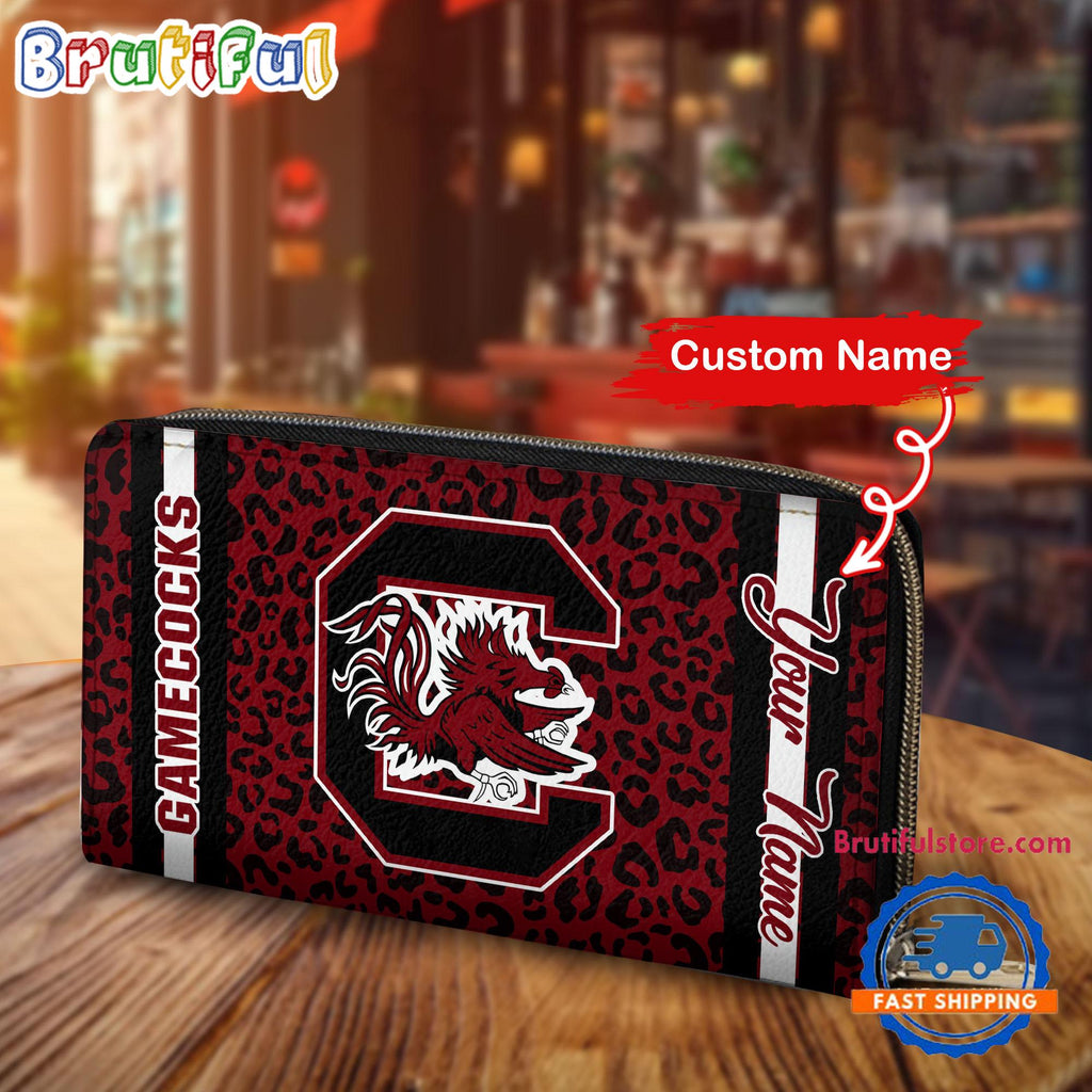 NCAA South Carolina Gamecocks Leopard Women’s Zip Around Wallet, Sporty Women’s Wallet