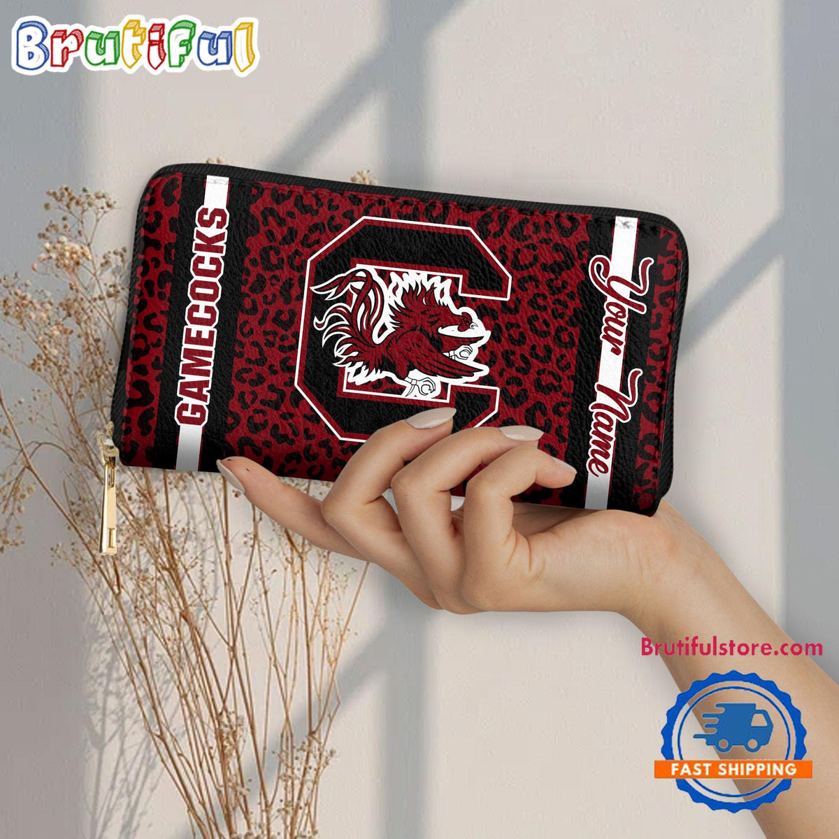 NCAA South Carolina Gamecocks Leopard Women’s Zip Around Wallet, Sporty Women’s Wallet