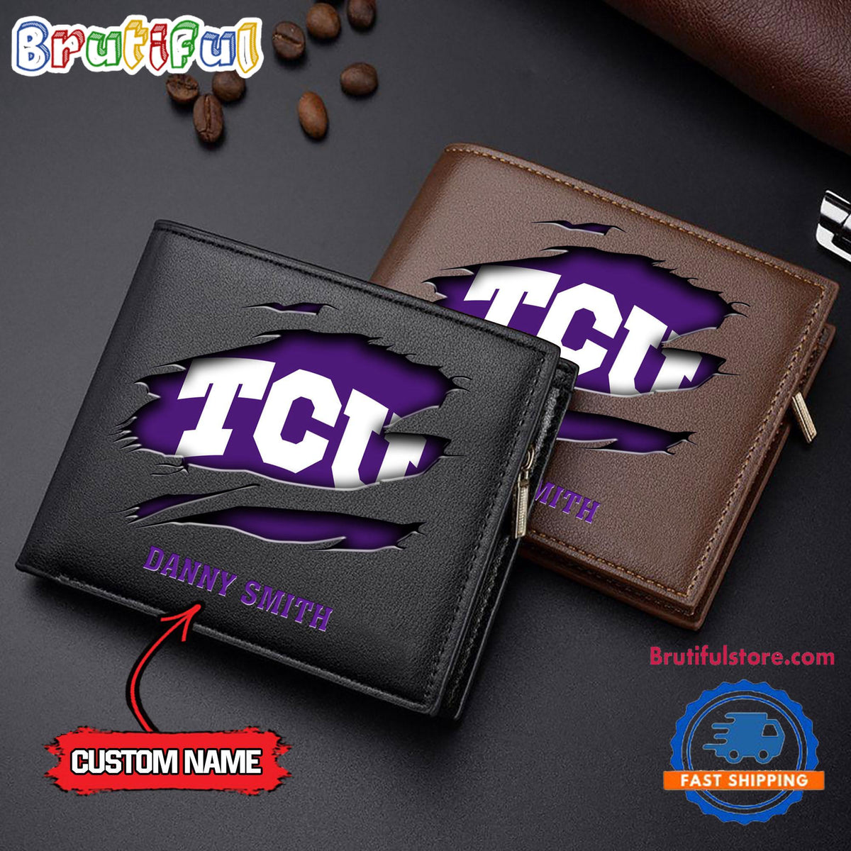 NCAA TCU Horned Frogs Sporty Custom Men’s Leather Wallet