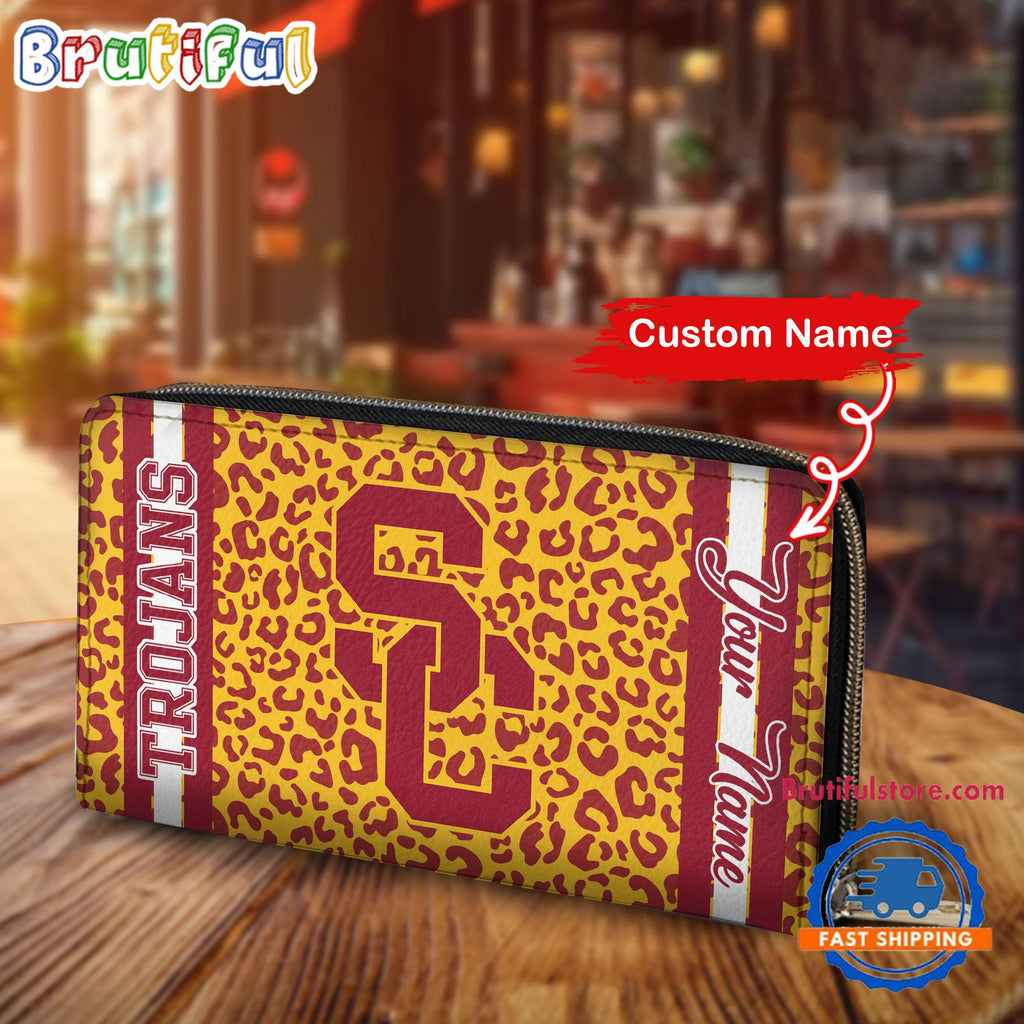 NCAA USC Trojans Leopard Women’s Zip Around Wallet, Sporty Women’s Wallet