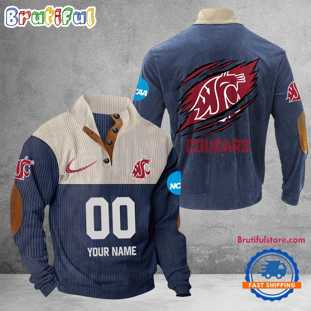 NCAA Washington State Cougars Sport Team Custom Name And Number Buttoned Collar Sweatshirt