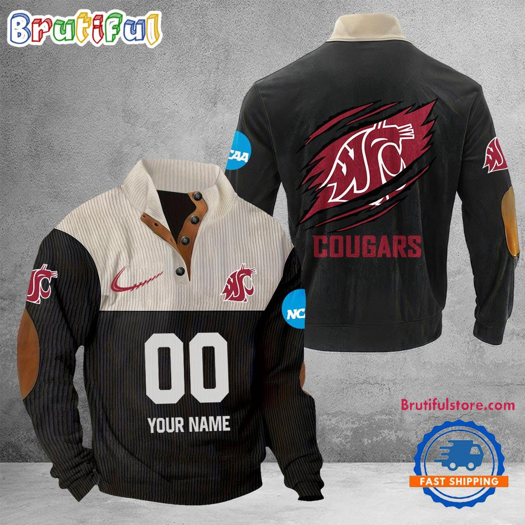 NCAA Washington State Cougars Sport Team Custom Name And Number Buttoned Collar Sweatshirt