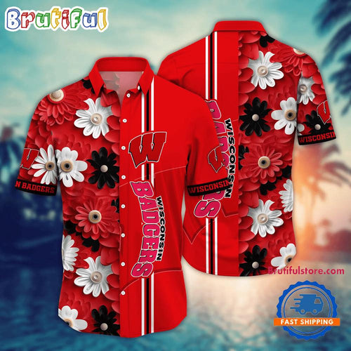 NCAA Wisconsin Badgers Flower Summer Aloha Button Hawaiian Shirt