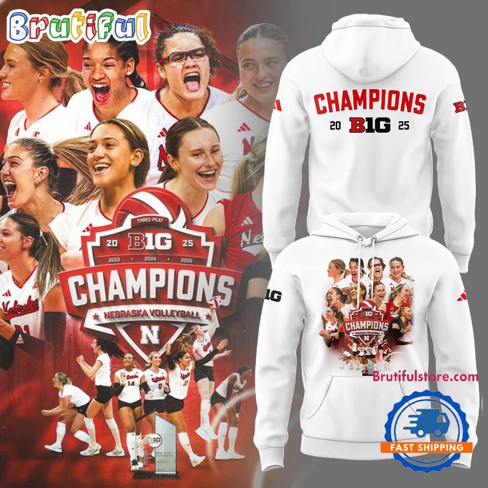 Nebraska Cornhuskers Volleyball Big 2025 Champions Team Graphic White Hoodie