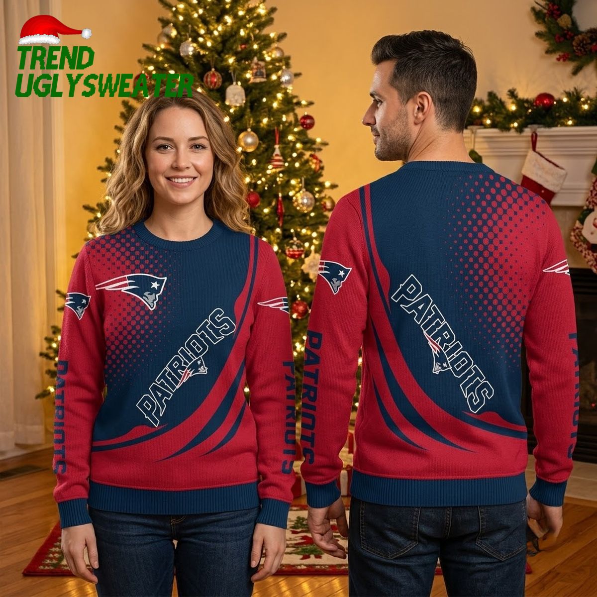 New England Patriots Diagonal Logo And Lettering Ugly Christmas Sweater