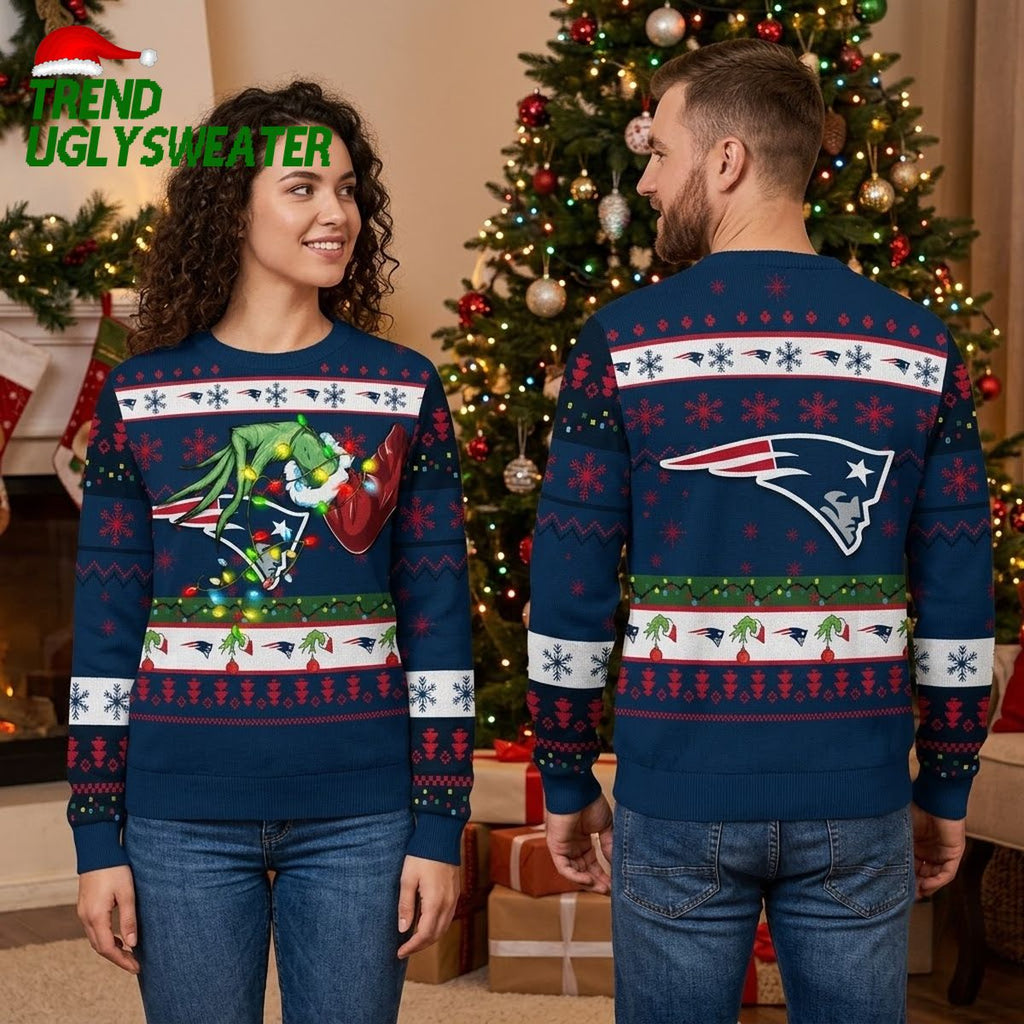 New England Patriots Grinch Hand Football Ugly Christmas Sweater