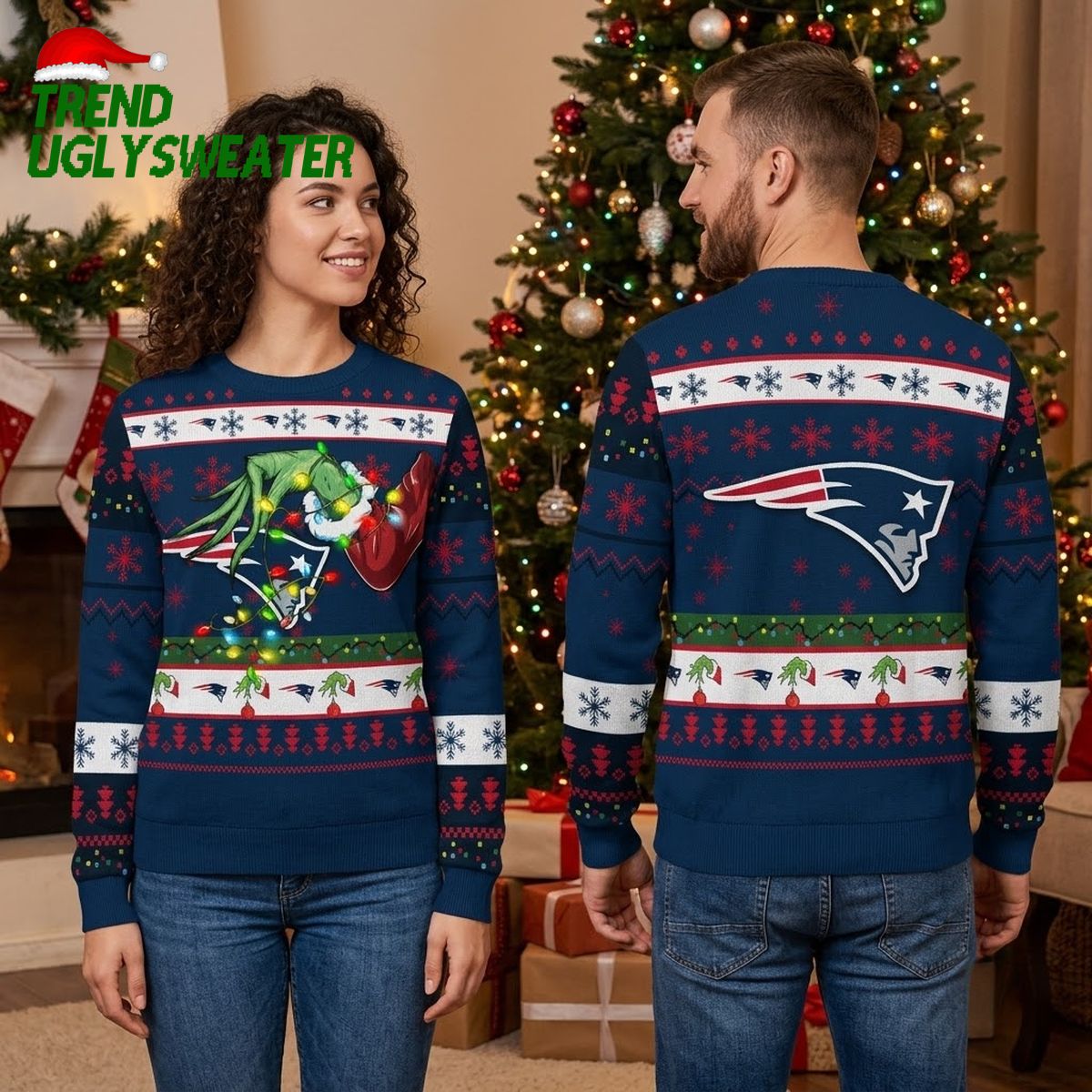 New England Patriots Grinch Hand Football Ugly Christmas Sweater