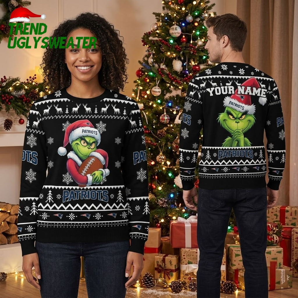 New England Patriots Grinch Playing Football Personalized Ugly Christmas Sweater