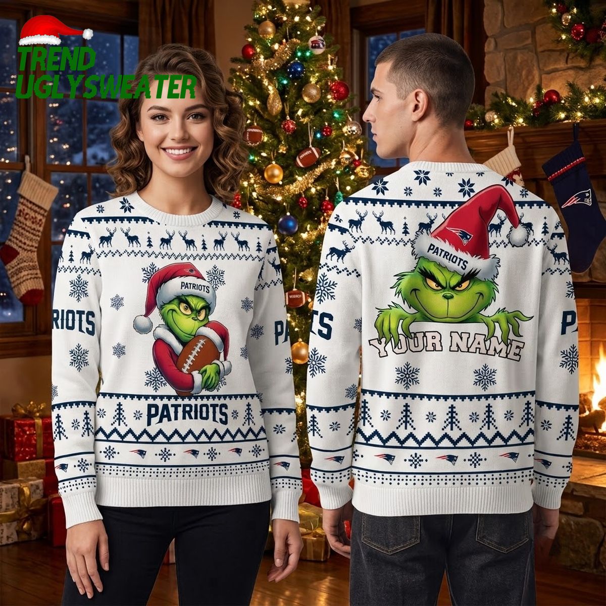 New England Patriots Grinch Santa Hat Custom Name Ugly Christmas Sweater