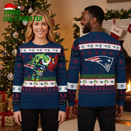 New England Patriots Grinch With Christmas Lights Ugly Christmas Sweater