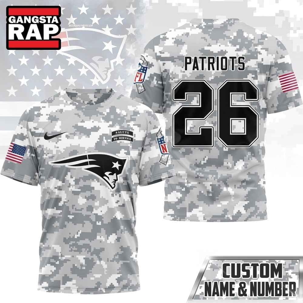 New England Patriots NFL Salute to Service Custom Name & Number Camo 3D Shirt, Football New Design Shirt