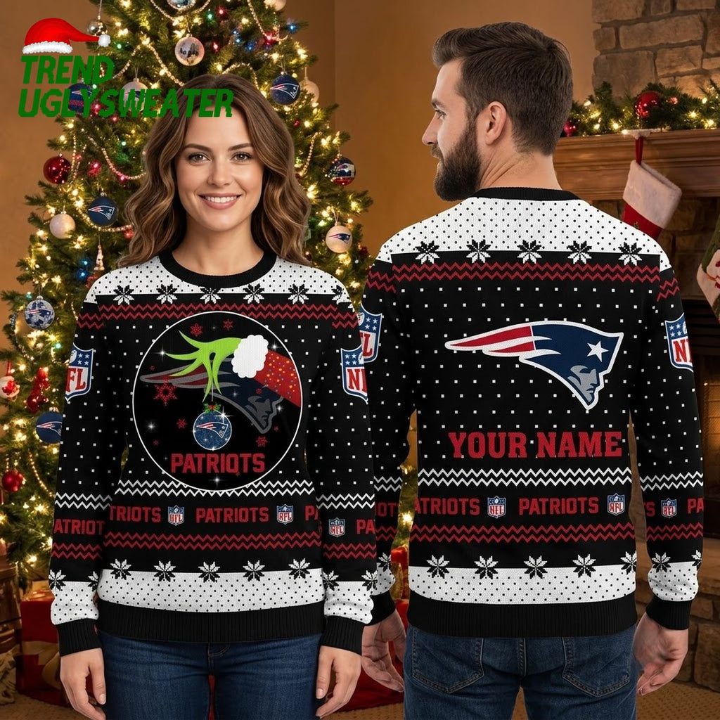 New England Patriots Santa Hat Logo Custom Name Ugly Christmas Sweater