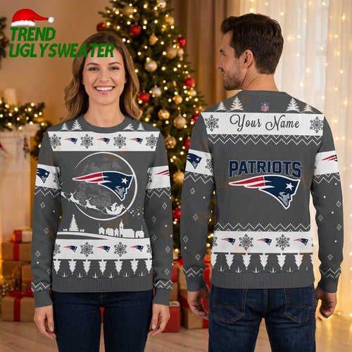 New England Patriots Santa Sleigh Custom Name Gray Ugly Christmas Sweater
