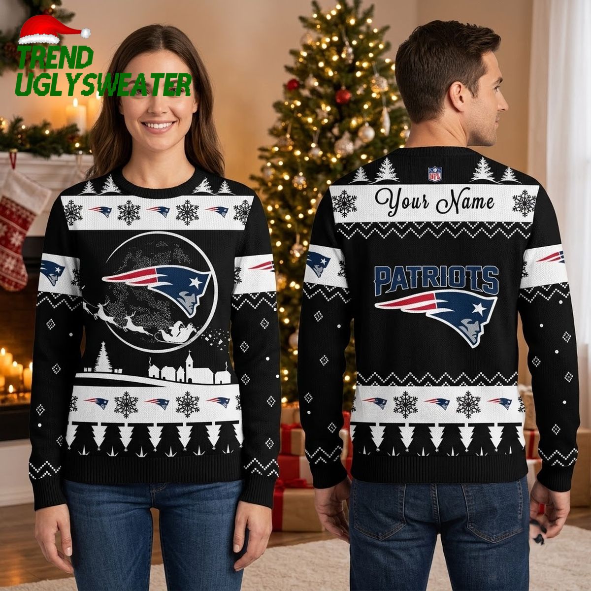 New England Patriots Santa Sleigh Personalized Name Ugly Christmas Sweater